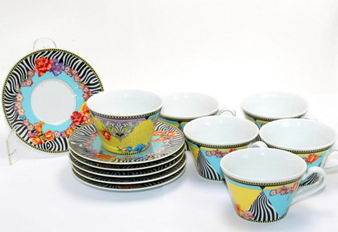 Rosenthal Versace Hot Flower Cups and Saucers Set: Rosenthal Versace hot flowers includes 6 cups measure 2 3/8" H and saucers measure 5 3/8" DIA. Brand new condition. Never used.