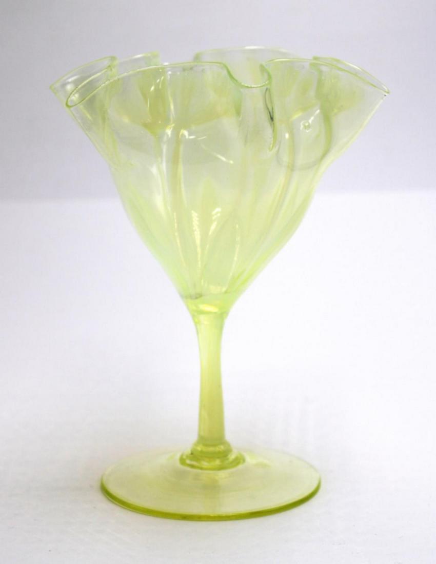 Victorian Vaseline Opalescent Glass Pedestal Compote: Victorian vaseline opalescent glass pedestal compote measures 6 1/2"