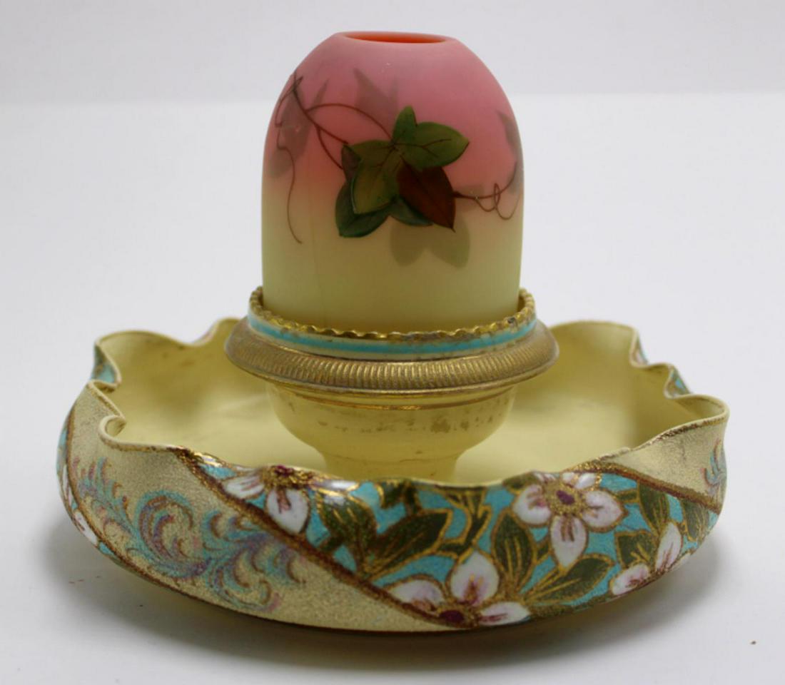 Webb Burmese and Ceramic Fairy Lamp: Webb Burmese and ceramic fairy lamp pyramid size fitted on a ceramic lamp cup with S Clarke's patent and integral tapestry ware flower bowl base marked for taylor tunnicliffe and co Thomas Webb and so