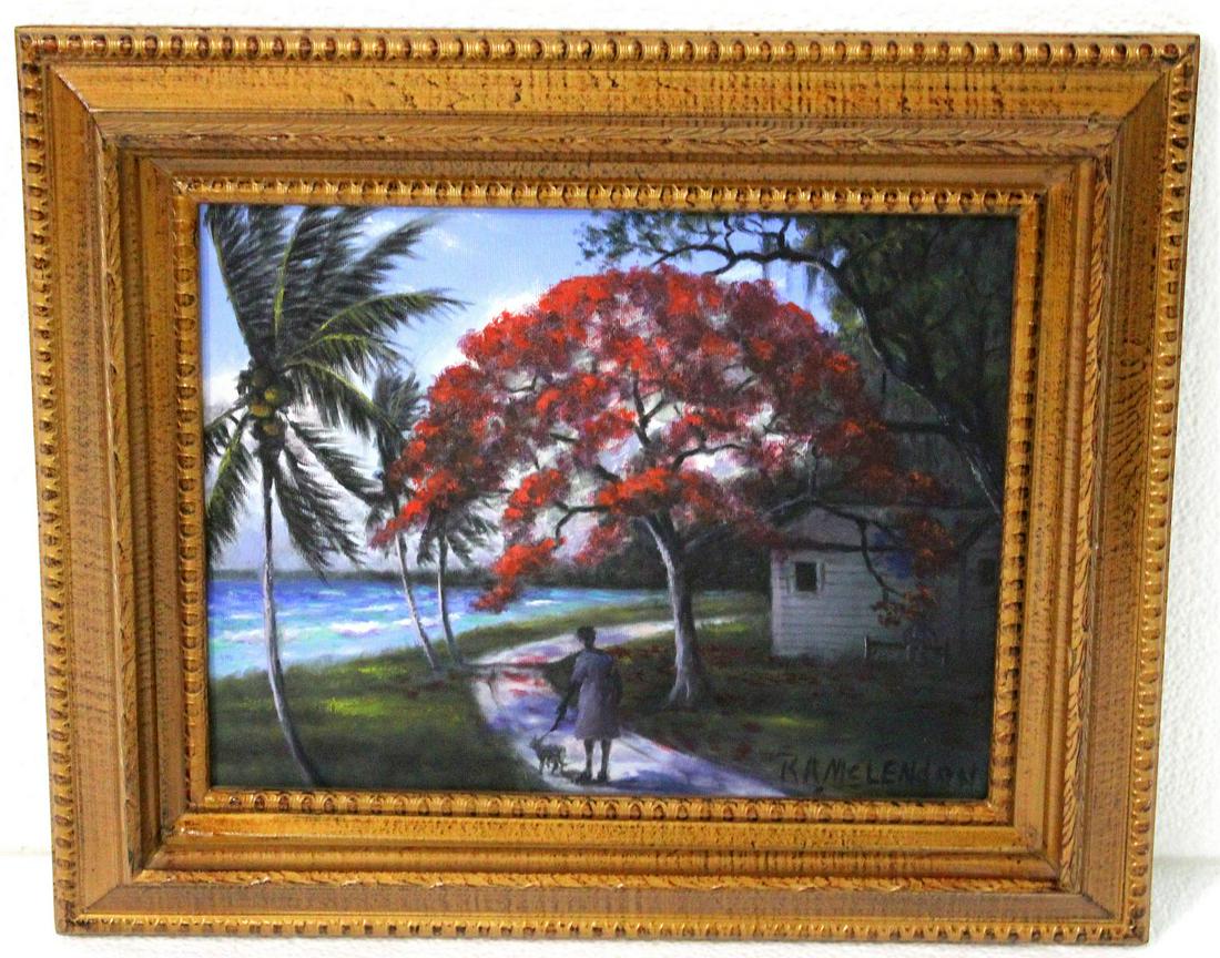 R.A. Mclendon Highwaymen Royal Poinciana Oil on Canvas: Roy "R.A." Mclendon b. 1932 Florida Highwaymen oil on canvas a beautiful red royal poinciana tree measures 10 1/2" x 13 1/2" frame is 3"