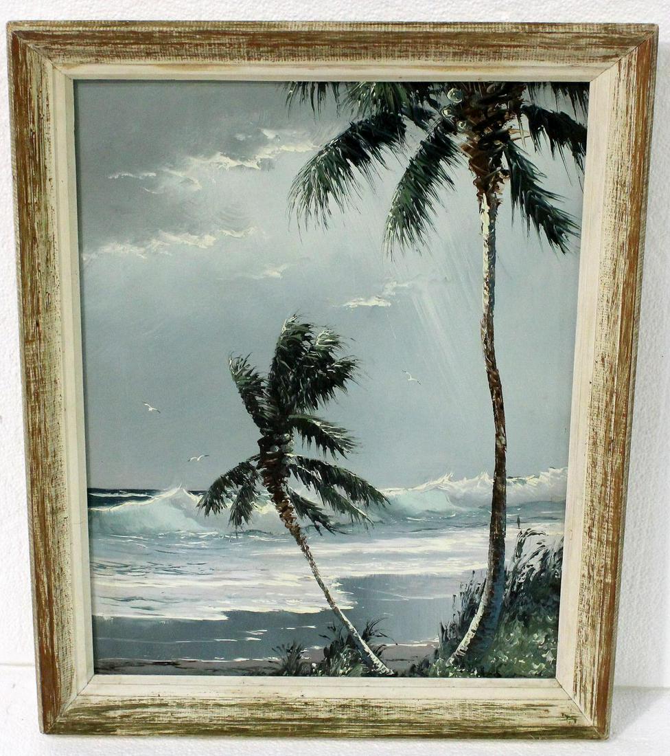 Signed Sam Newton Florida Highwaymen Seascape Oil on: Sam Newton (Florida b. 1948) Florida highwaymen painting oil on upson board depicting tree birds signed lower left measures 22" x 17 1/2" frame is 2"