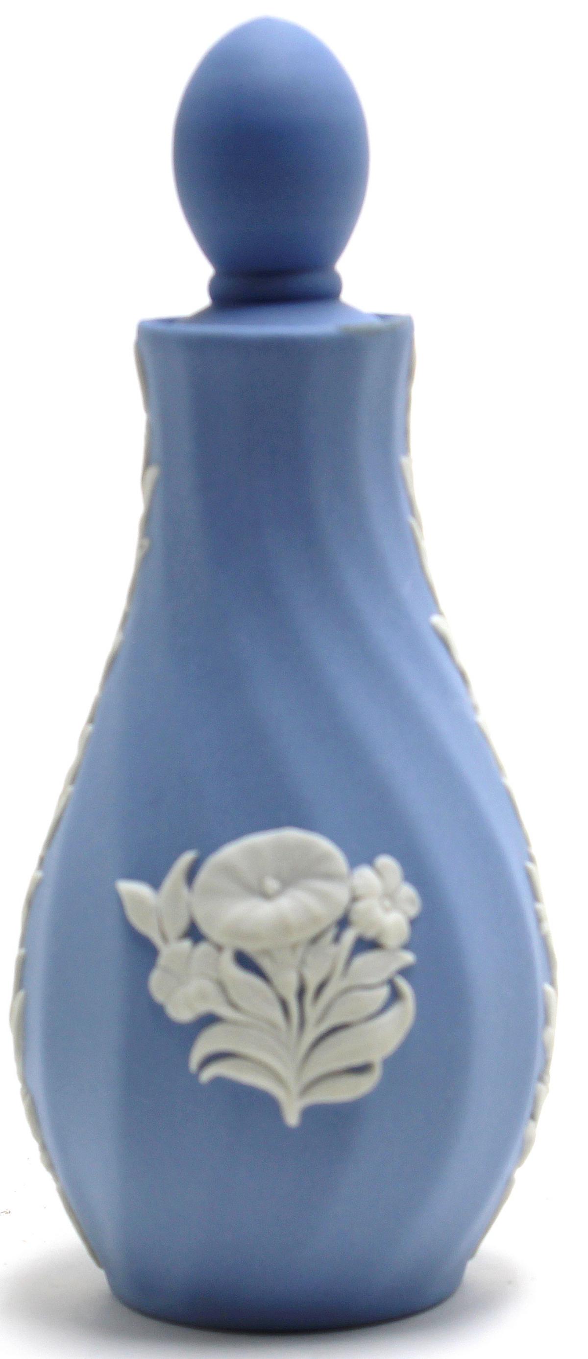 Wedgwood Blue and White Jasperware Perfume Bottle Lot: Wedgwood blue and white jasperware gloria guggenheim miniature perfume bottle lot of 20 pcs with original box measures 4 1/2" High