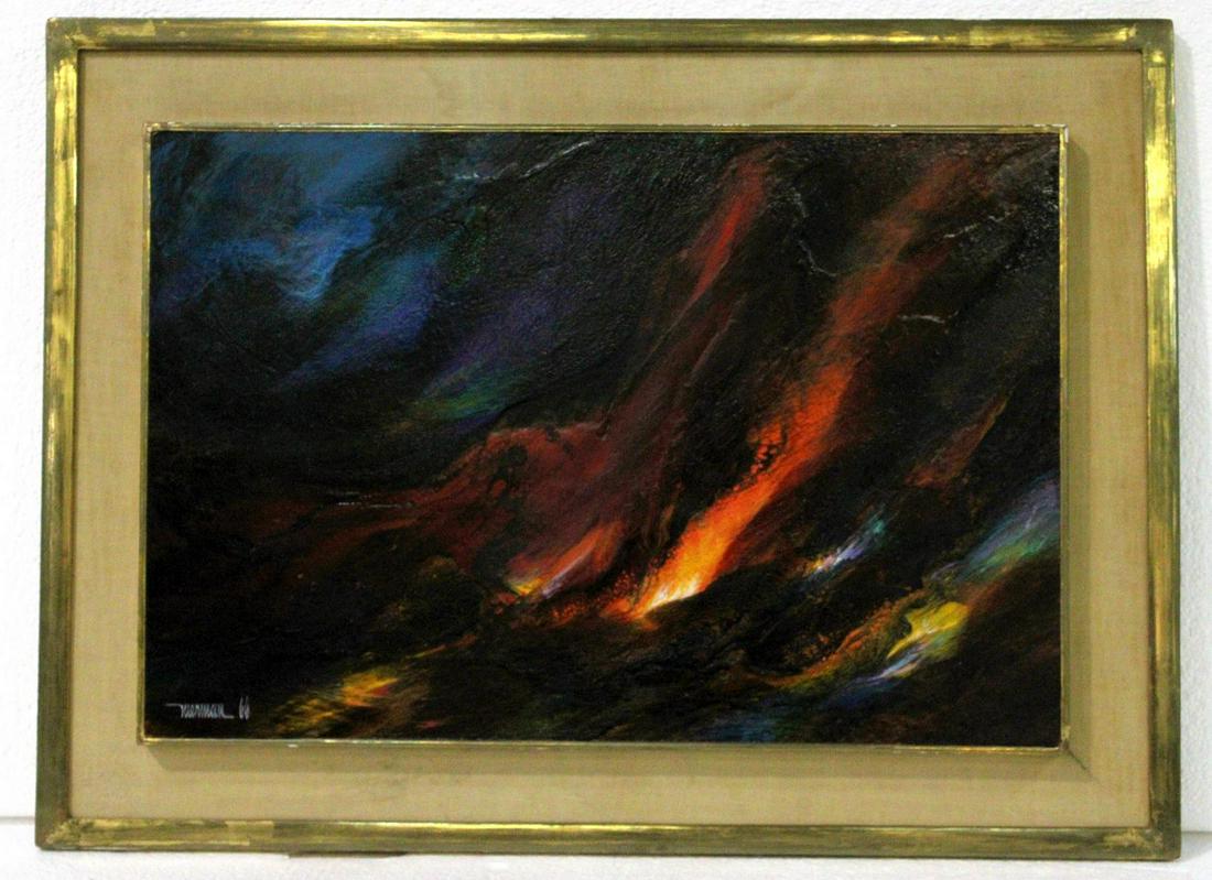 Signed Leonardo Nierman Acrylic on Masonite: Leonardo Nierman (Mexican b. 1932) acrylic on masonite lava signed and dated 66 lower right measures 15 3/4" H x 23 1/2" W frame and matte is 3"