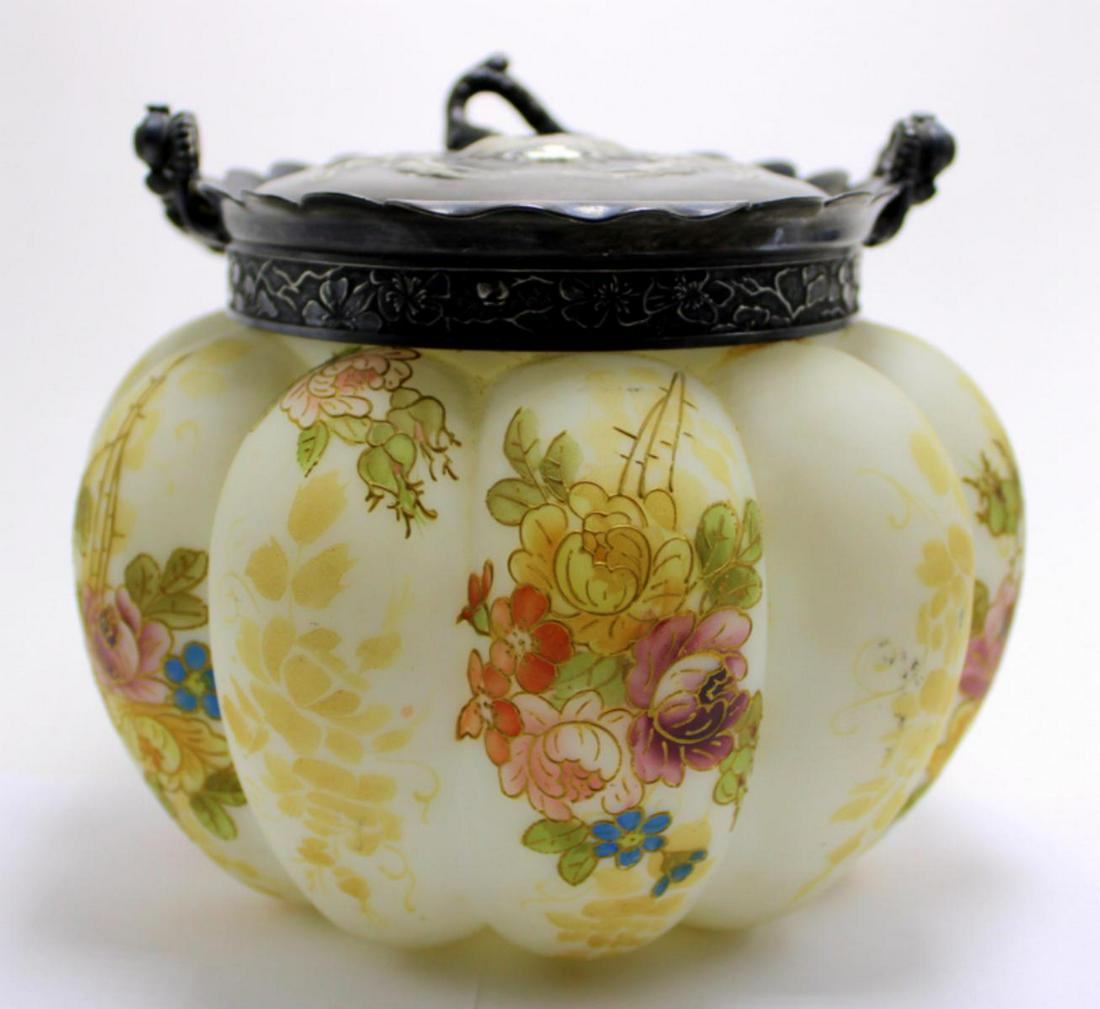 Crown Milano Biscuit Jar Melon Rib: Crown Milano biscuit jar melon rib decorated with enameled flowers and silver plated lid measures 5 1/2" x 5 1/2"