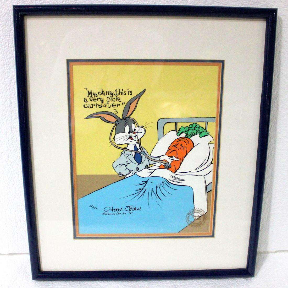 Chuck Jones Bugs Bunny With Sick Carrot Cel: Chuck Jones bugs bunny with sick carrot cel limited edition warner brothers 1989 edition number 58/750 with studios stamp my oh my this is a very sick carrocter measures 12" x 10" frame and matte is 4