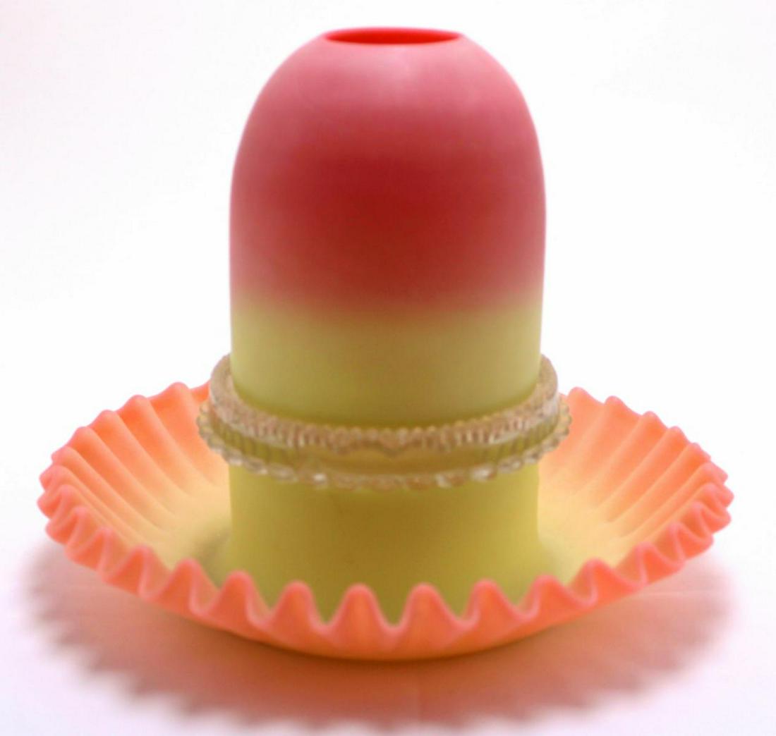 Thomas Webb and Sons Queen Burmese Fairy Lamp on Clear: Thomas Webb and sons Queen Burmese fairy lamp on clear glass insert marked S Clarke's patent trademark fairy measures 6 1/2"