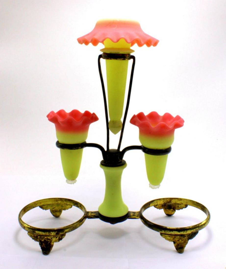 Thomas Webb and Sons Burmese Fairy Lamp Epergne with: Thomas Webb and sons Burmese fairy lamp egergne with gilt brass support marked S Clarke's patent fairy missing parts measures 9 7/8" H x 9" W