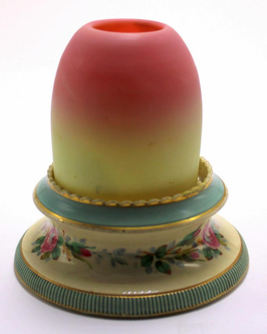 Thomas Webb and Sons Queen Burmese Fairy Lamp on: Thomas Webb and sons Queen Burmese fairy lamp sits on ceramic base insert marked S Clarke's patent trademark fairy measures 4 1/8" High