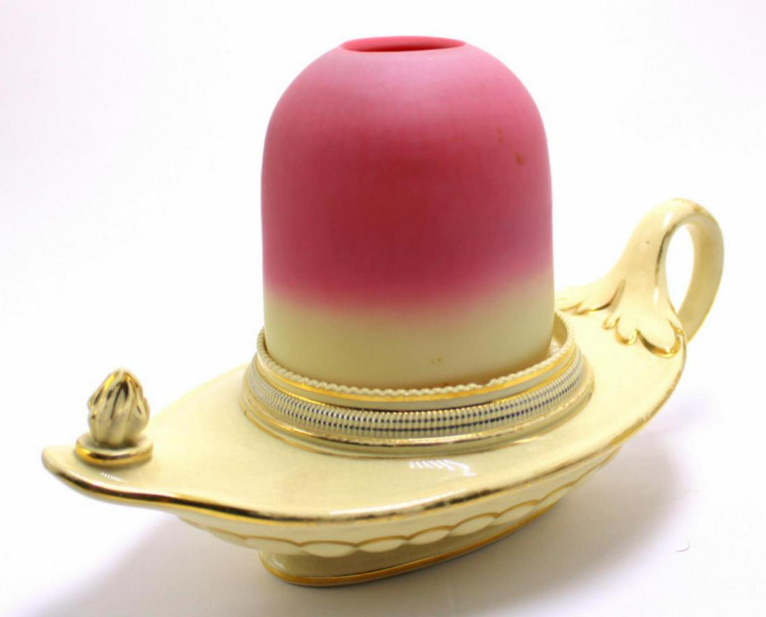 Thomas Webb and Sons Burmese and Ceramic Fairy Lamp: Thomas Webb and Sons Burmese and Ceramic Fairy Lamp pyramid size fitted on a ceramic lamp cup with Clarke's patent trademark fairy base marked for Taylor Tunnicliff and co