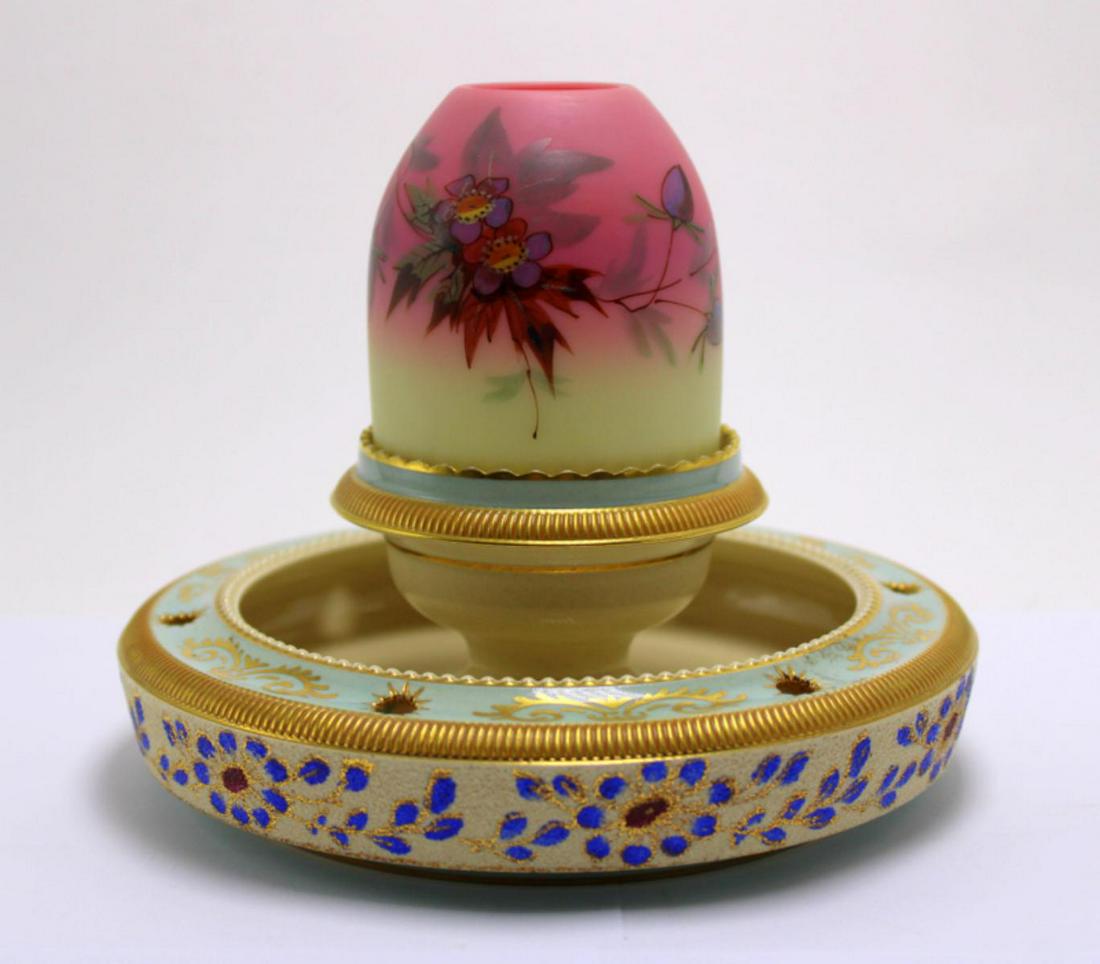 Thomas Webb and Sons Queen Burmese and Ceramic Fairy: Thomas Webb and Sons Queen Burmese and Ceramic Fairy Lamp. Pyramid size fitted on a ceramic lamp cup with S Clarke's patent trademark fairy pyramid and integral tapestry ware flower bowl base marked f