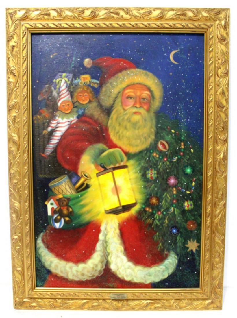 Christopher Radko Oil Painting on Canvas Lighting the: Christopher Radko oil painting on canvas lighting the way depicts Santa Claus in his gear holding a lantern measures 35" x 23" frame is 3" with certificate of authenticity