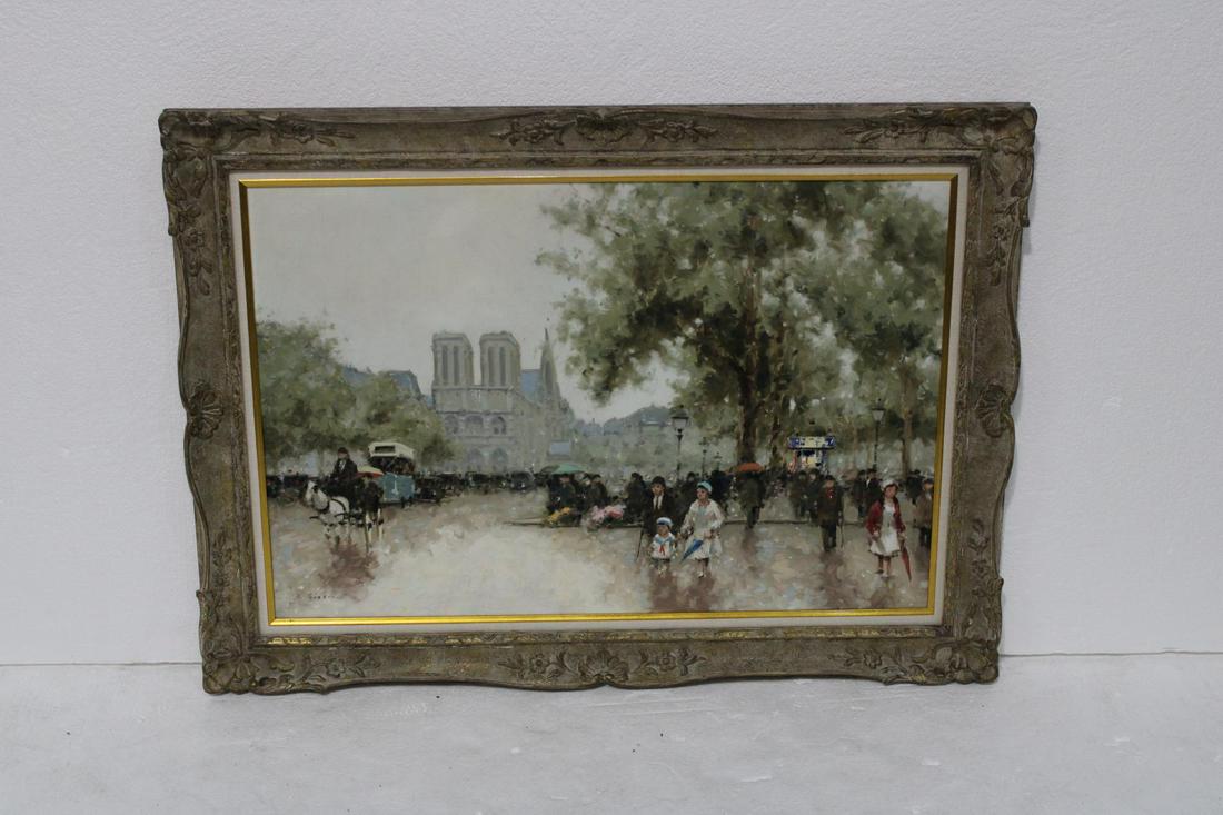 Signed Andre Gisson American Oil Painting on Canvas: Andre Gisson (American, 1921-2003) oil painting on canvas street scene signed lower left measures 23 1/2" x 35 1/2" frame and matte is 4"