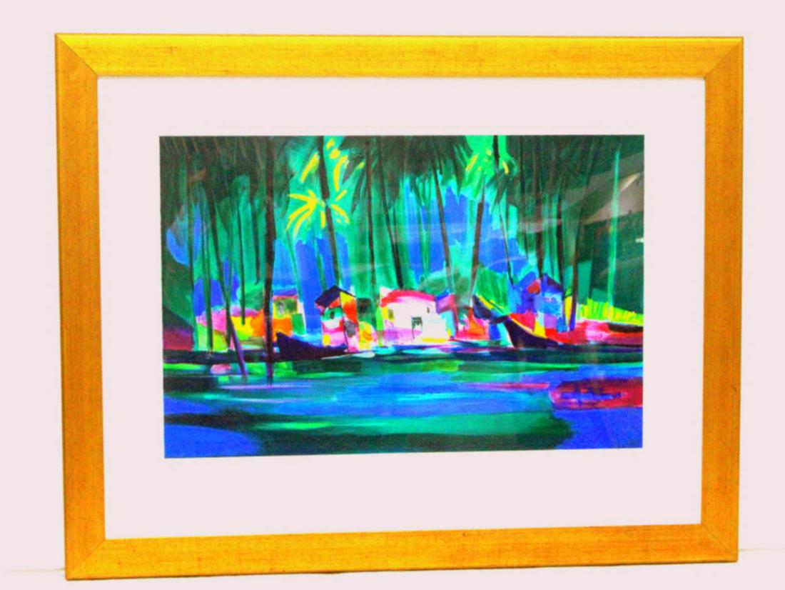 Signed Marcel Mouly French Lithograph in Color: Marcel Mouly (French b. 1918) lithograph in color village au bord de la lagune signed and numbered 37/300 signed lower right measures 21" x 30" frame and matte is 5"