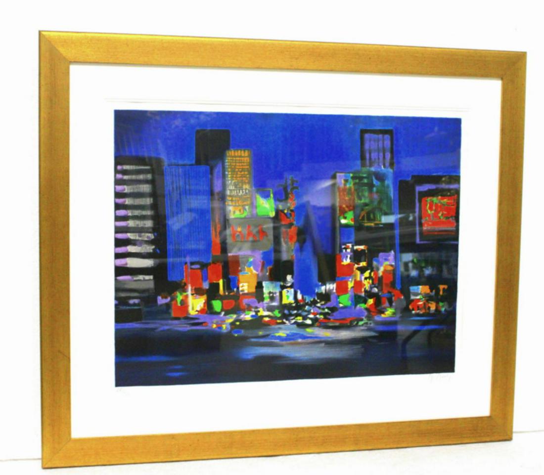 Signed Marcel Mouly French Lithograph in Color: Marcel Mouly (French b. 1918) lithograph in color times square signed and numbered 275/300 lower right measures 24" x 31" matte and frame is 5"