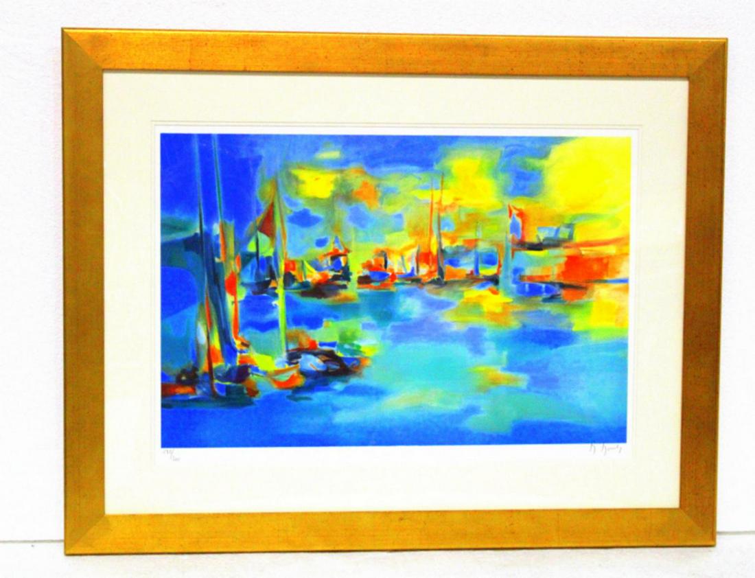 Signed Marcel Mouly French Lithograph in Color: Marcel Mouly (French b. 1918) lithograph in color pencil signed and numbered 242/300 signed lower right measures 20" x 29" frame and matte is 5"