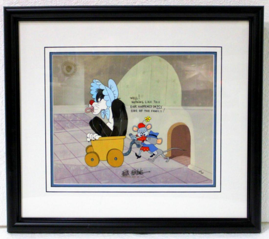 Signed Friz Freleng Mouse Divided Cel Limited Edition: Warner Bros 1992 master collection limited edition number 255/750 with studio stamp inspired by the final scene in friz frelengs classic 1953 cartoon a mouse divided. Sylvester finds himslef in a bonn