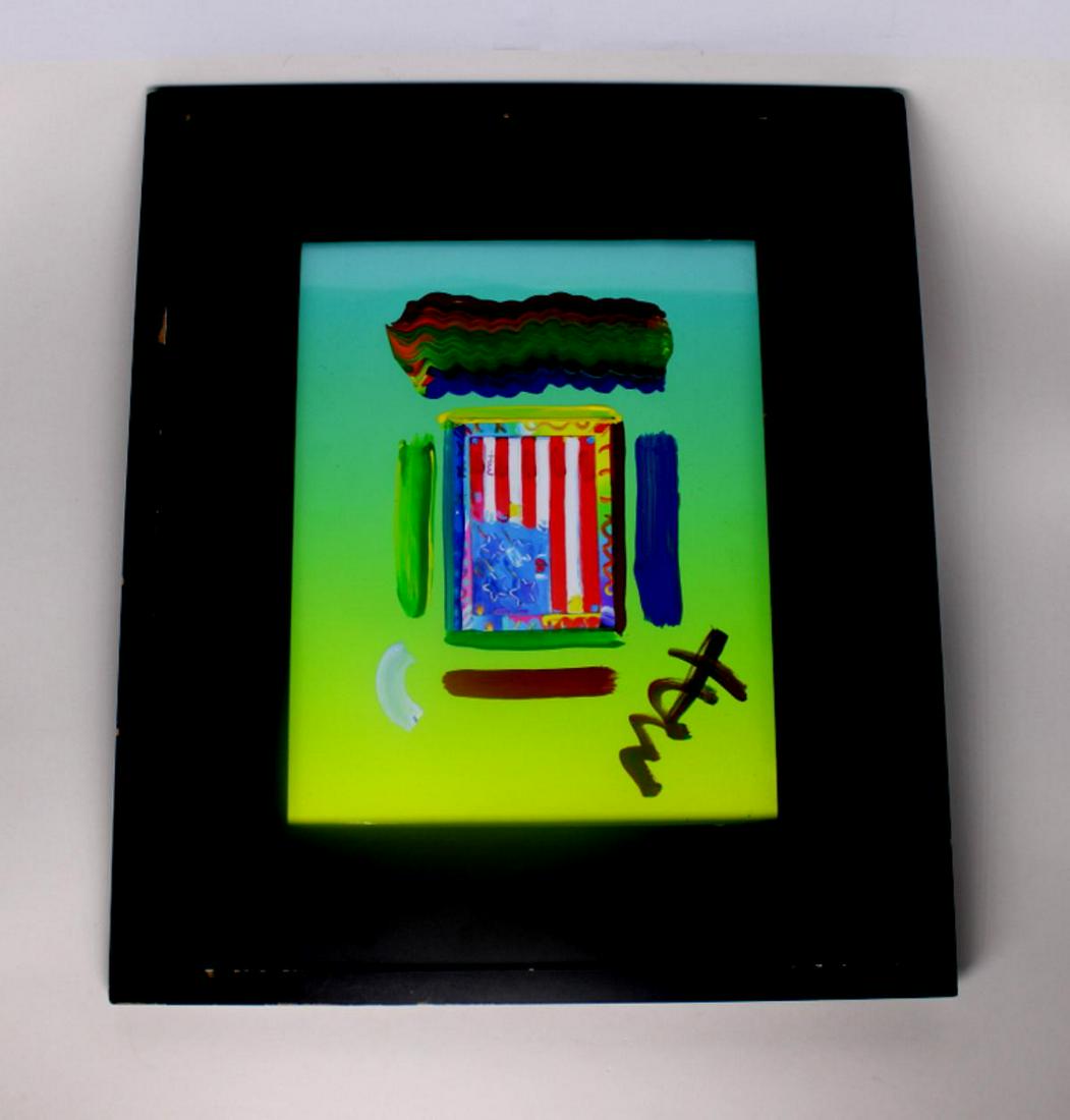 Signed Peter Max Flag Original Mixed Media on Paper: Peter Max Flag Original Mixed Media on Paper. This piece is hand overpainted by Peter Max with variation color combination of brushstrokes of his original artwork and hand singed by Peter Max with acr