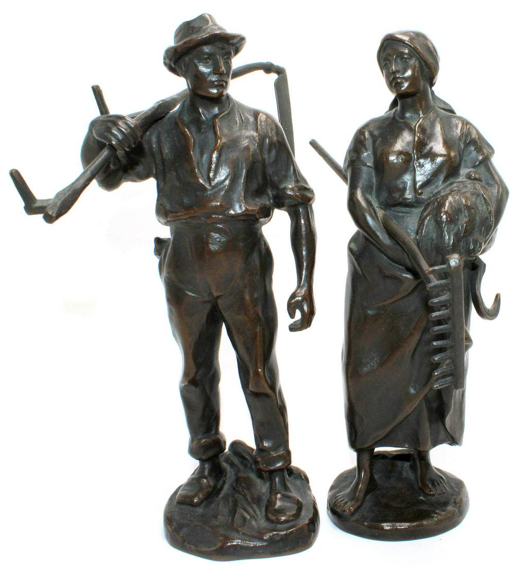 Pair of Hans Muller Austrian Bronze Figurines: Pair of Hans Muller (Austrian, 1873-1937) bronze figurines farmers works men and women signed on base H Muller measures 7" x 8"