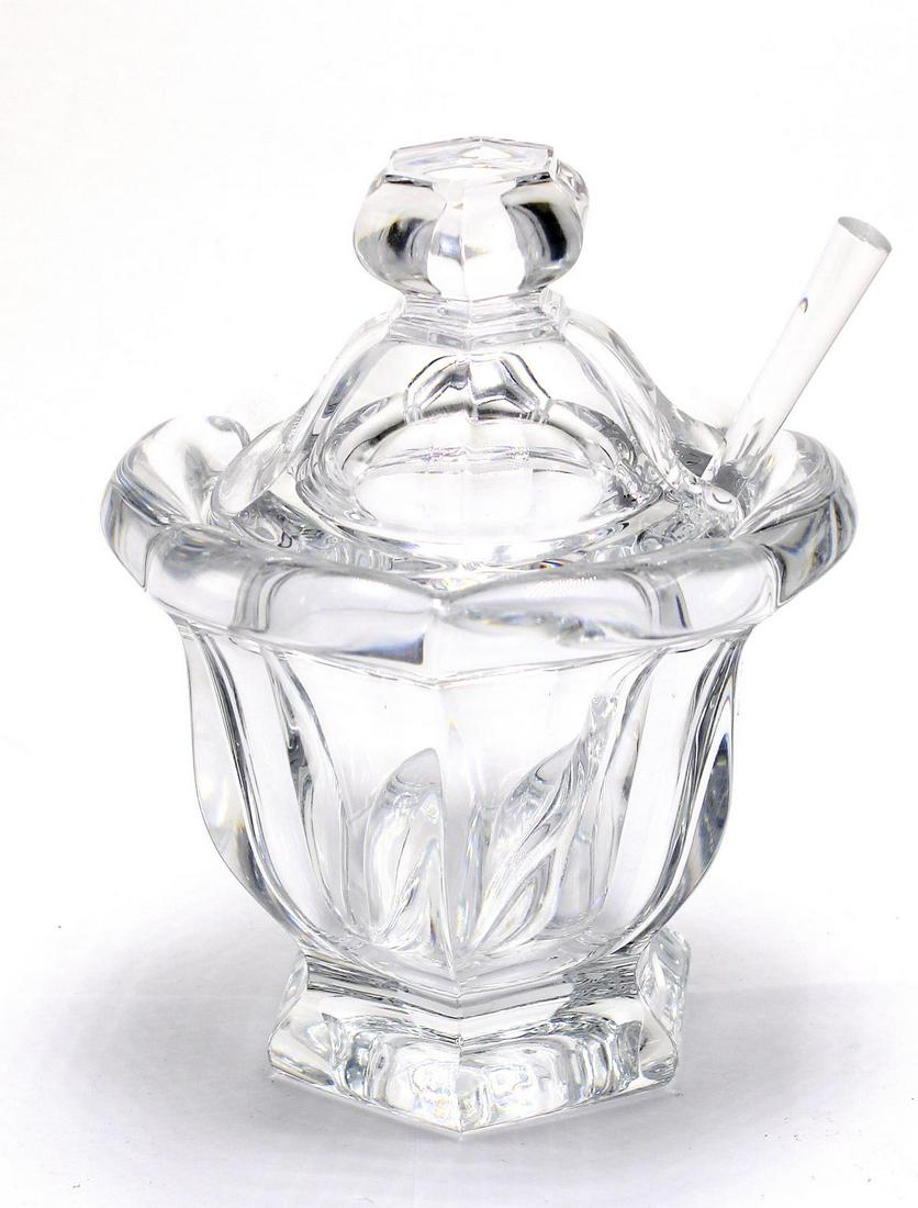 Baccarat France Crystal Mustard Jar and Spoon: Baccarat France crystal mustard jar and spoon measures 4 1/2" High