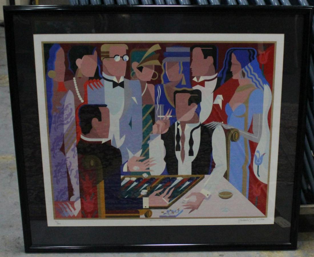 Signed Giancarlo Impiglia Italian American Backgammon: 1988 signed and numbered seriograph by Giancarlo Impigla measures 29 1/2" H x 35 W