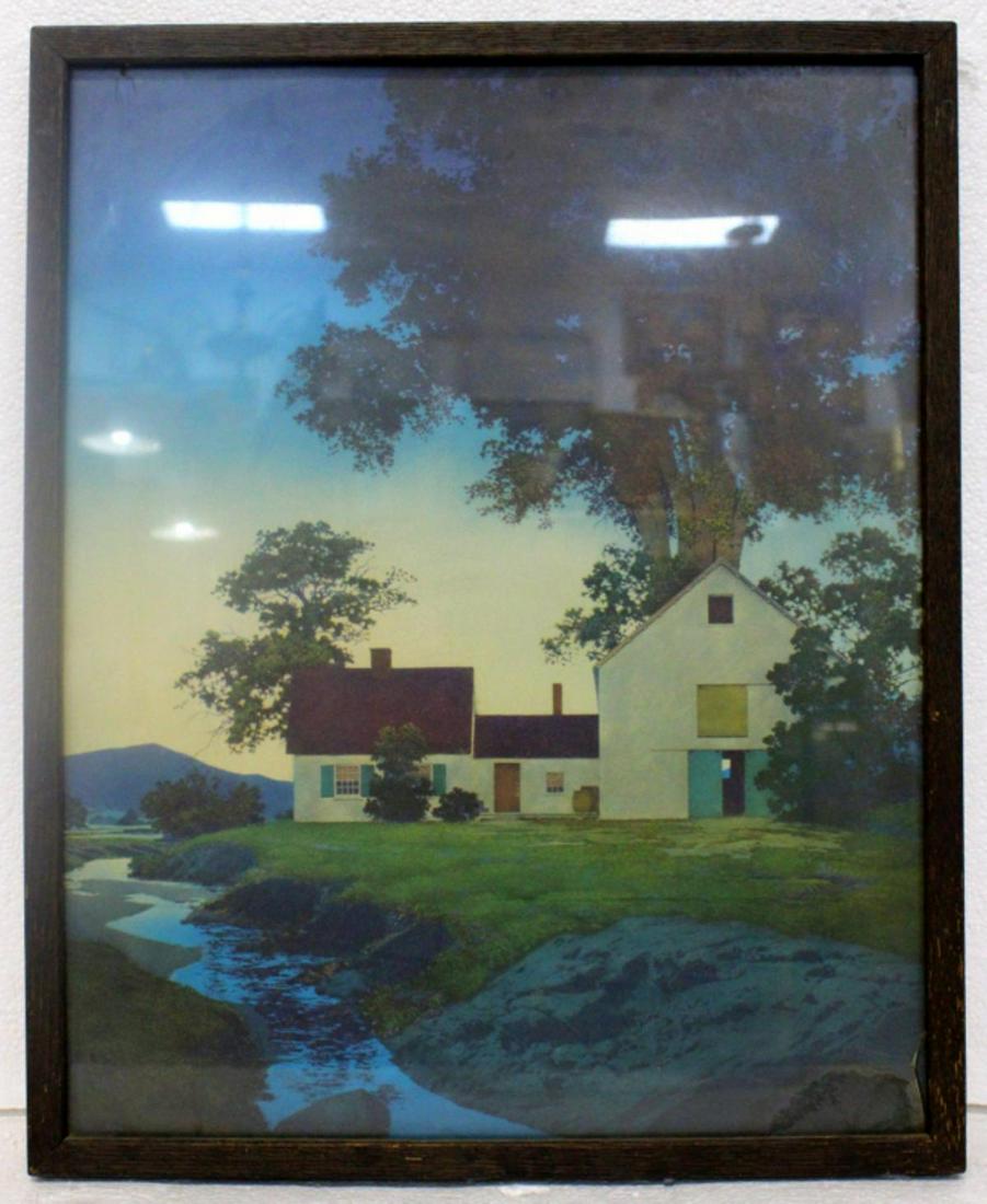 Signed Maxfield Parrish Color Art Print: Maxfield Parrish (American, 1870-1966) color art print landscape scene twilight signed and titled on verso measures 22" x 17 1/2" frame is 3/4". Glass sold as is