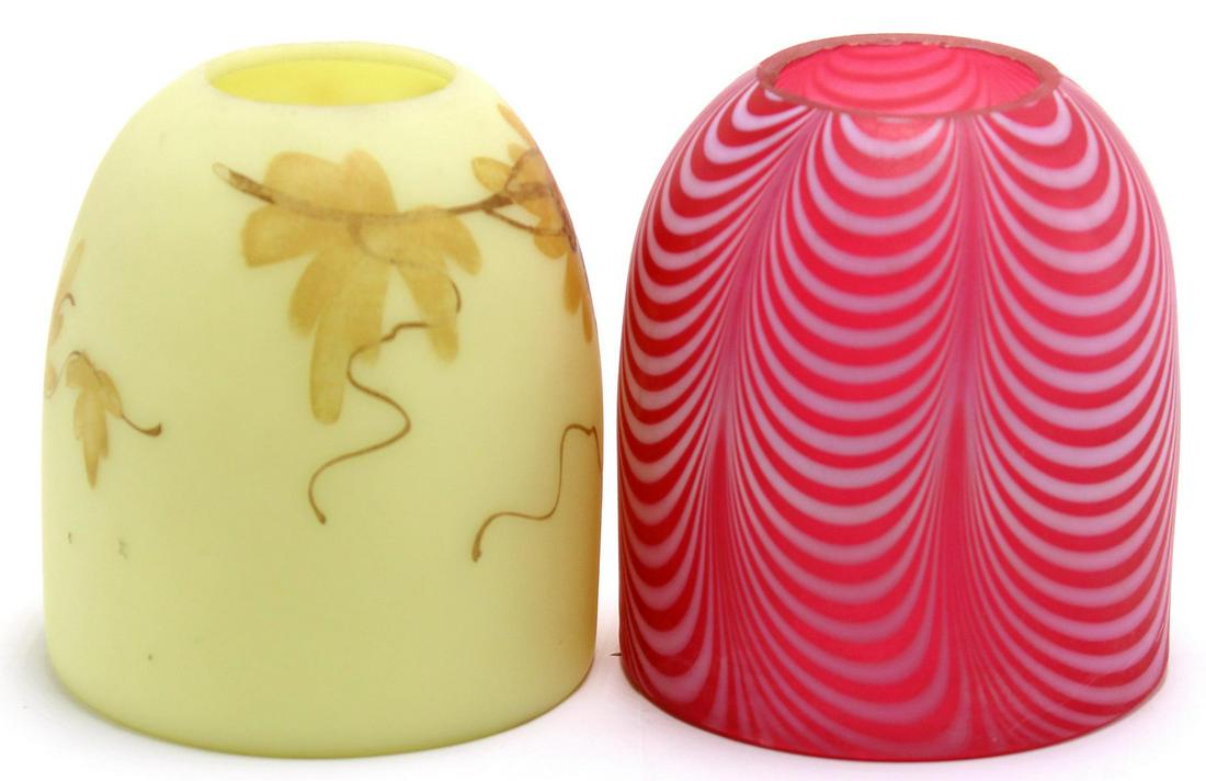 Two Art Glass Lamp Shade: Two art glass lamp shade includes Webb Burmese and Cranberry Nailsea measures 2 3/4" High