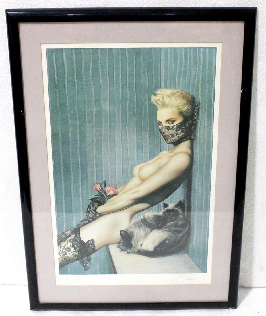 Signed Olivia De Berardinis American Print in Color: Olivia De Berardinis (American, 1948) print in color artist proof kitty nude female with cat pencil signed and numbered 8 /25 measures 29 1/2" x 19" frame and matte is 3"