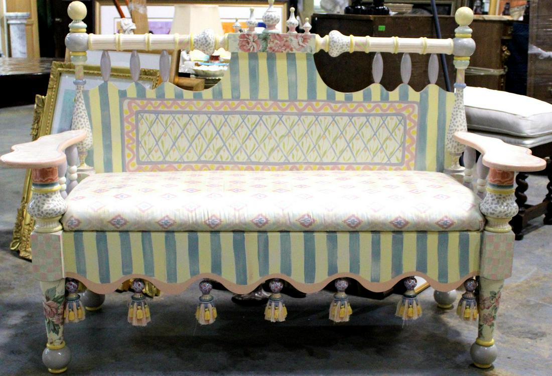 Mackenzie Childs Hand Painted Wood Settee Couch: Mackenzie childs hand painted wood settee couch measures 34" x 64" x 26"