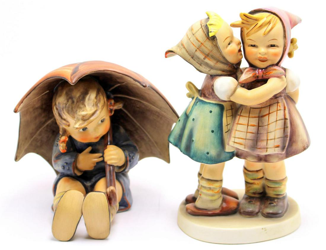 Two Pcs Goebel Hummel Porcelain Figurines: Two pcs Goebel Hummel porcelain figurines umbrella girl and telling her secret measures 5" x 6 1/2"