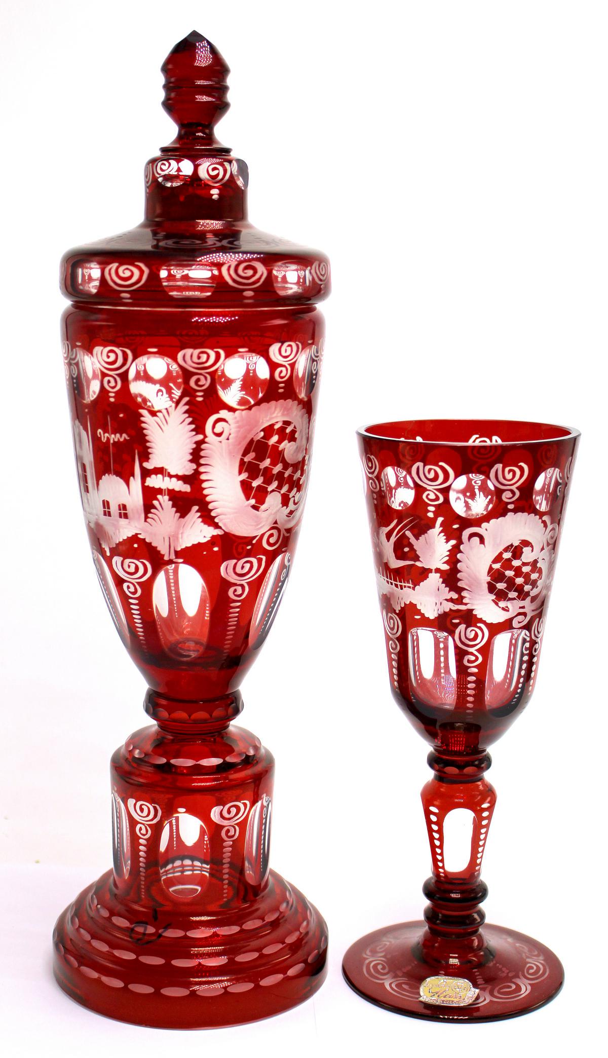 Two Pcs Czech Bohemian Crystal and Ruby Cut to Clear: Two pcs Czech Bohemian crystal ruby cut to clear covered vase measures 12" High and goblet measures 7" High