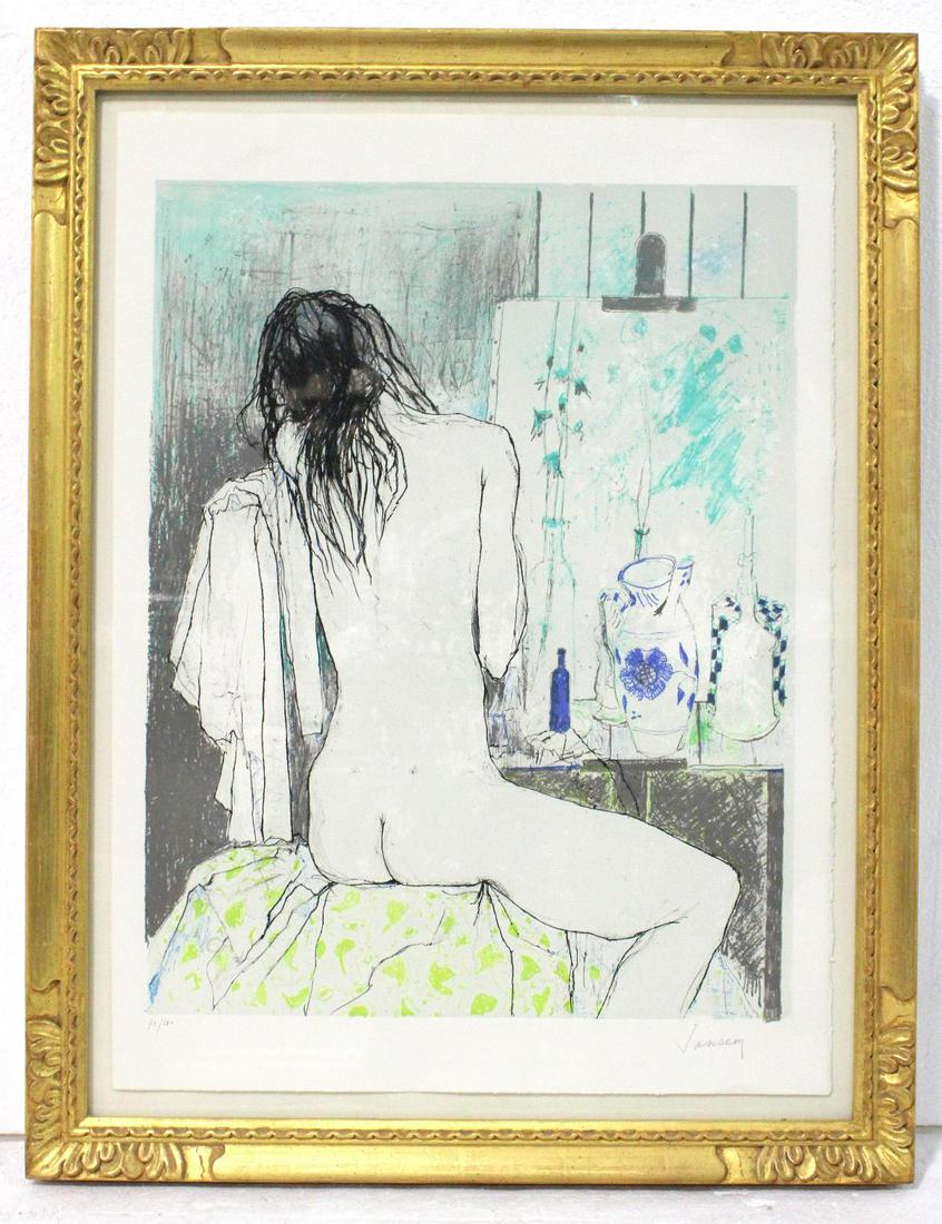 Signed Jean Leon Jansen Nude Lithograph: Jean Leon Jansen (French, 1920-2013) lithograph of a nude woman signed and numbered 71/120 measures 30" x 22" frame and matte is 2"