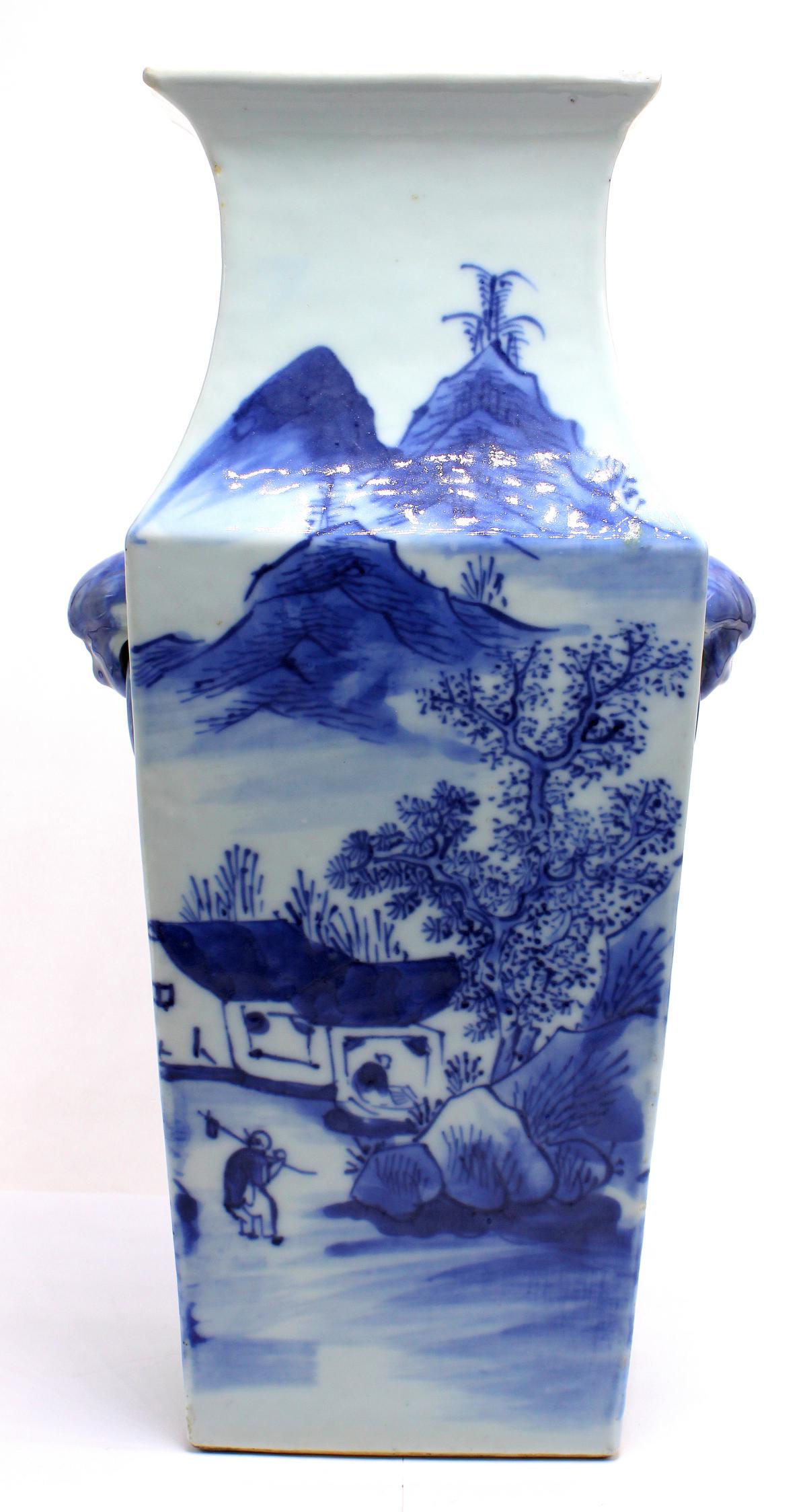 Chinese Blue and White Porcelain Square Vase: Chinese blue and white porcelain square vase measures 12" High