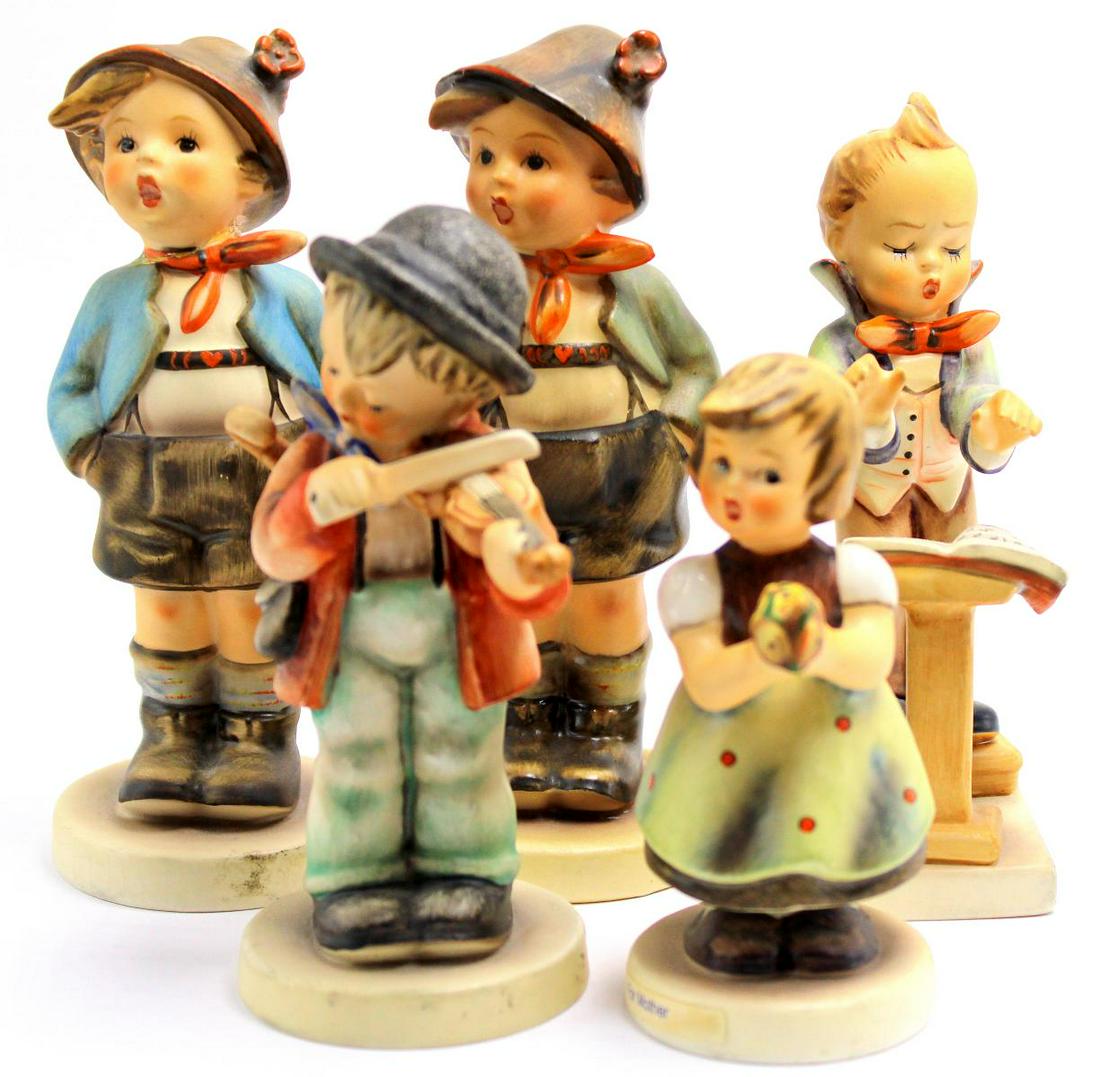 Five Goebel Hummel Figurines: Five Goebel Hummel figurines includes band leader conductor 129, little fiddler, for mother and two pcs brothers