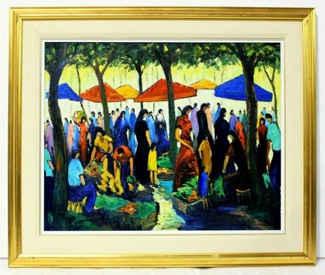 Signed Bruno Jaubert Oil Painting on Canvas: Bruno Jaubert oil painting on canvas cannes la marche signed lower right and dated 1988 on verso measures 23 1/2" x 29" frame and matte is 4 1/2"