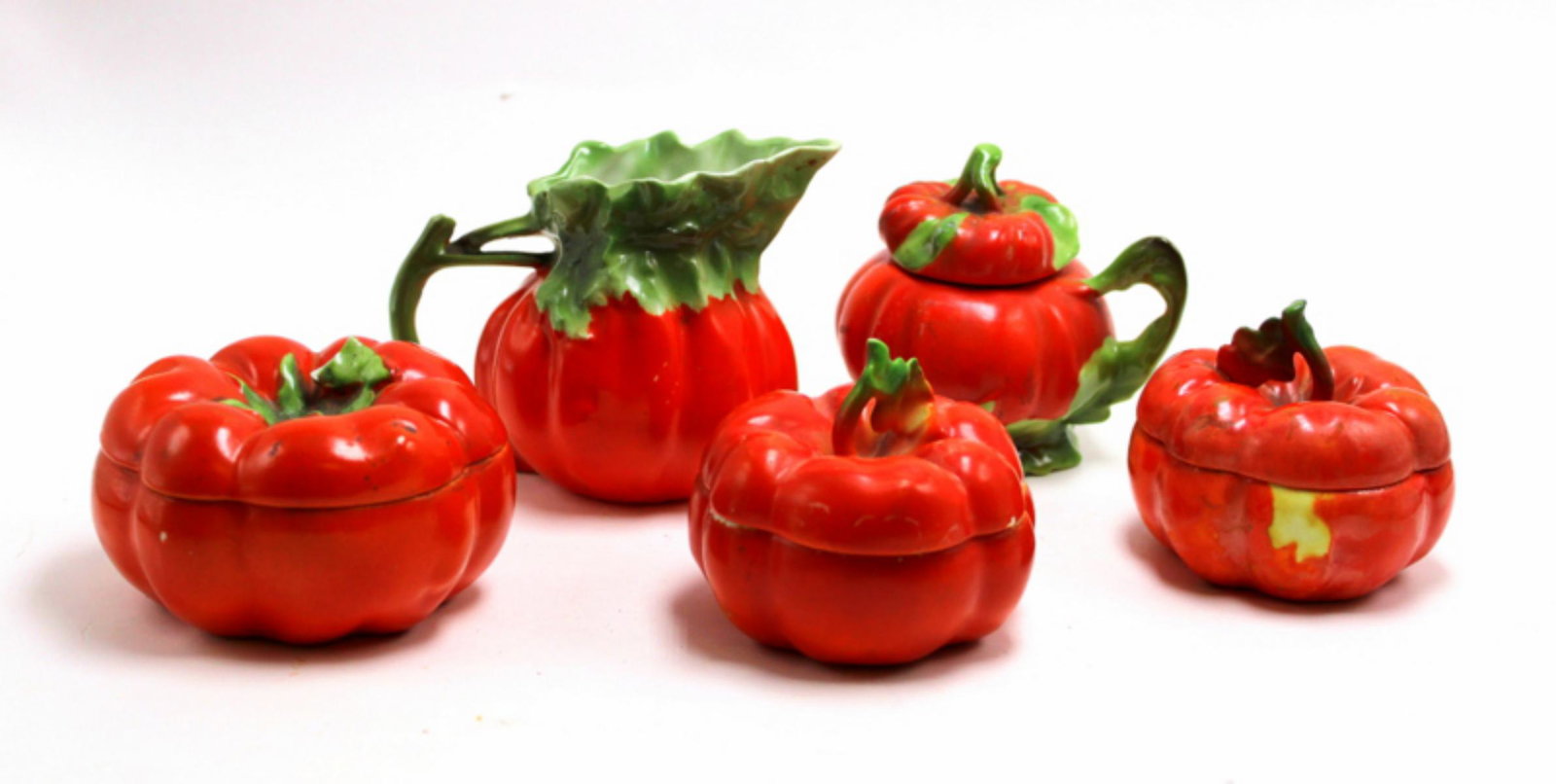 Five Royal Bayreuth Porcelain Tomato Set: Five Royal Bayreuth porcelain tomato set includes creamer and leaded box measures 3 3/4" x 2 1/4" High