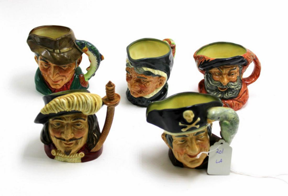 Five Royal Doulton Porcelain Character Toby Mug: Five Royal Doulton porcelain character toby mug includes poacher, long john silver, falstaff porthos and granny 3 3/4" height