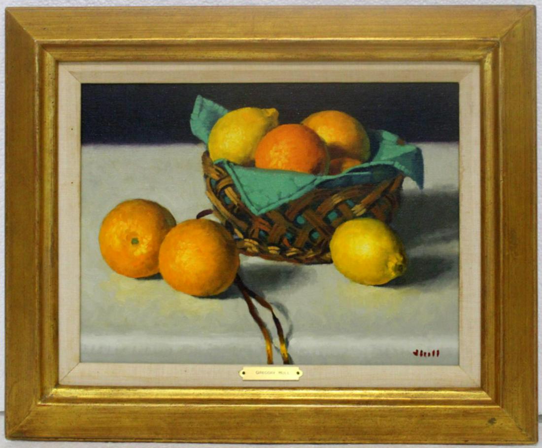 Signed Gregory Stewart Hull American Oil on Canvas: Gregory Stewart Hull (American, b. 1950) oil on canvas still life signed lower right with Wally Findlay Gallery tag on verso measures 11 1/4" x 13" frame and matte is 3 3/4"