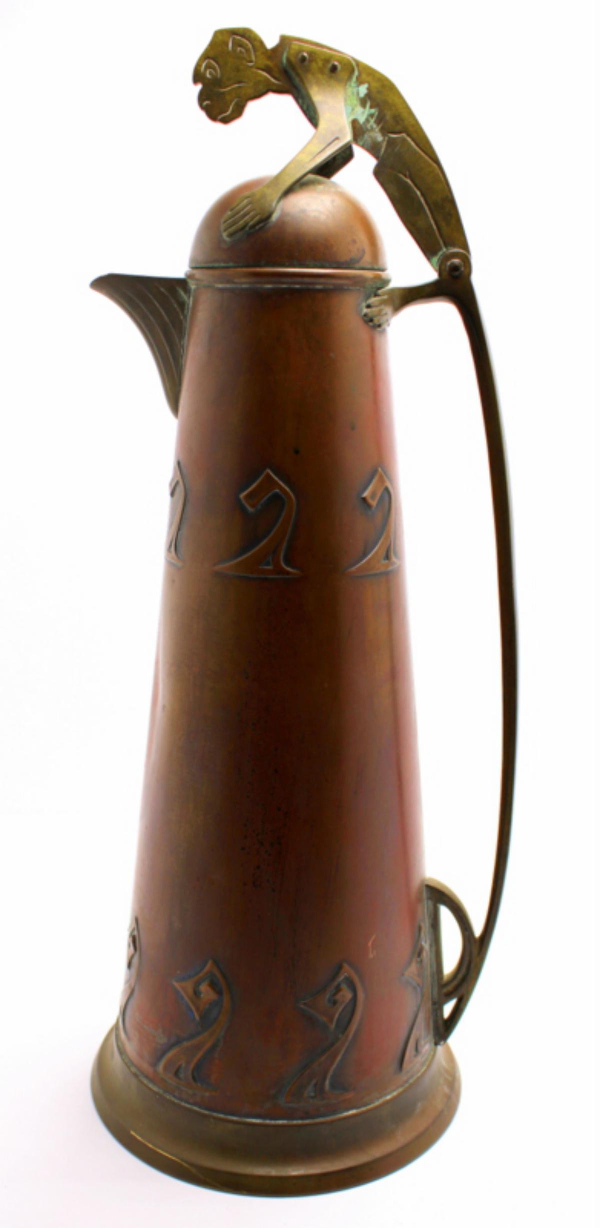 Carl Deffner Brass and Cooper Water Pitcher: Carl Deffner brass and copper water pitcher measures 16 1/2"