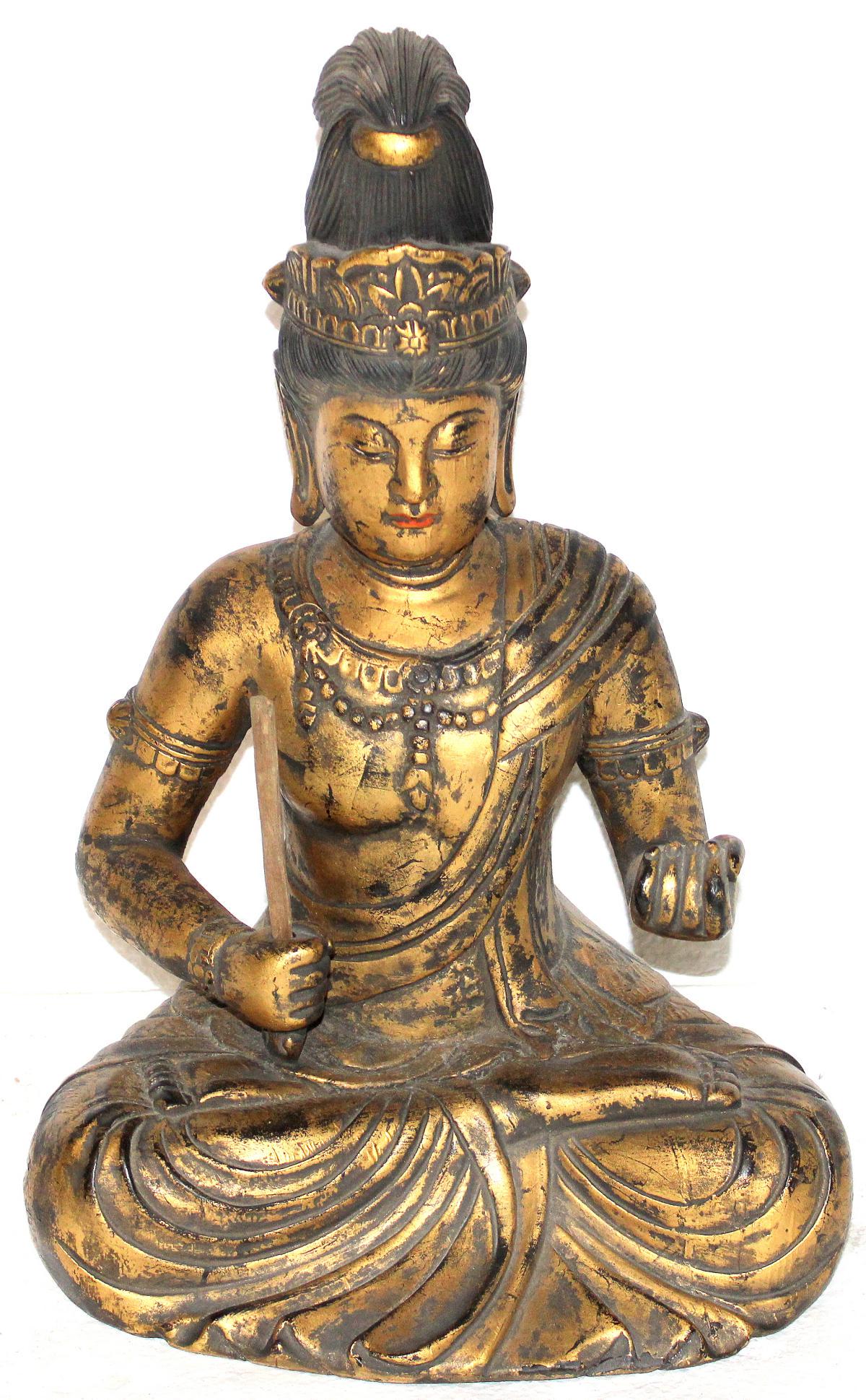 Antique Chinese Wooden Carved and Gilt Seated Buddha: Antique Chinese wooden carved and gilt seated Buddha measures 16" x 11"