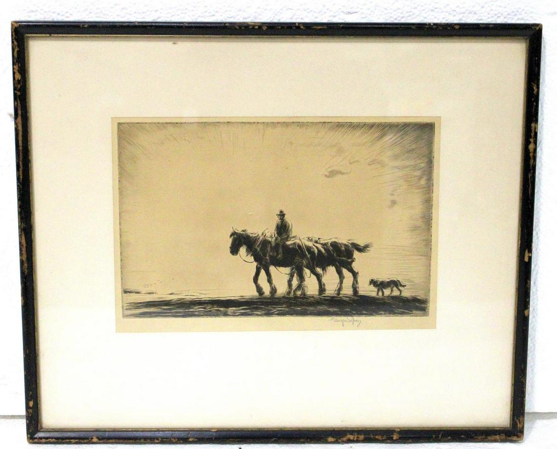 Signed George Soper Etching Goin to Work: George Soper (British, 1870-1942) etching goin to work pencil signed lower right measures 7 1/2" x 11" frame and matte is 3 3/8"