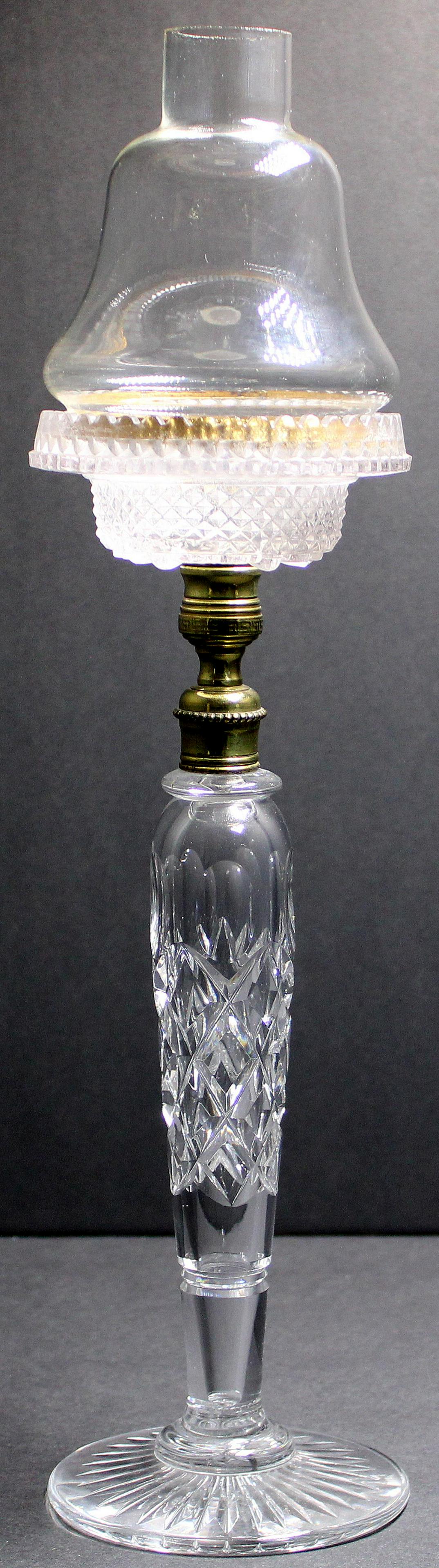 Clarke's Cricklite Cut Glass Fairy Lamp: Clarke's cricklite cut glass fairy lamp marked cricklite on the brass rim, shade and marker Clarke's patent trademark cricklite on the candle dish stand measures 15 1/2" High