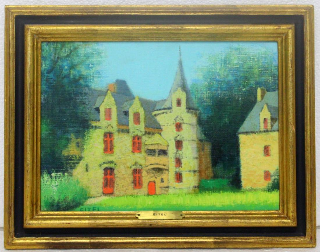 Signed Jacques Eitel French Oil Painting on Canvas: Jacques Eitel (French, b. 1926) oil painting on canvas depicting the castle signed lower left by Eitel with Wally Findlay Gallery tag on verso measures 8 3/4" x 12 1/2" frame is 2"
