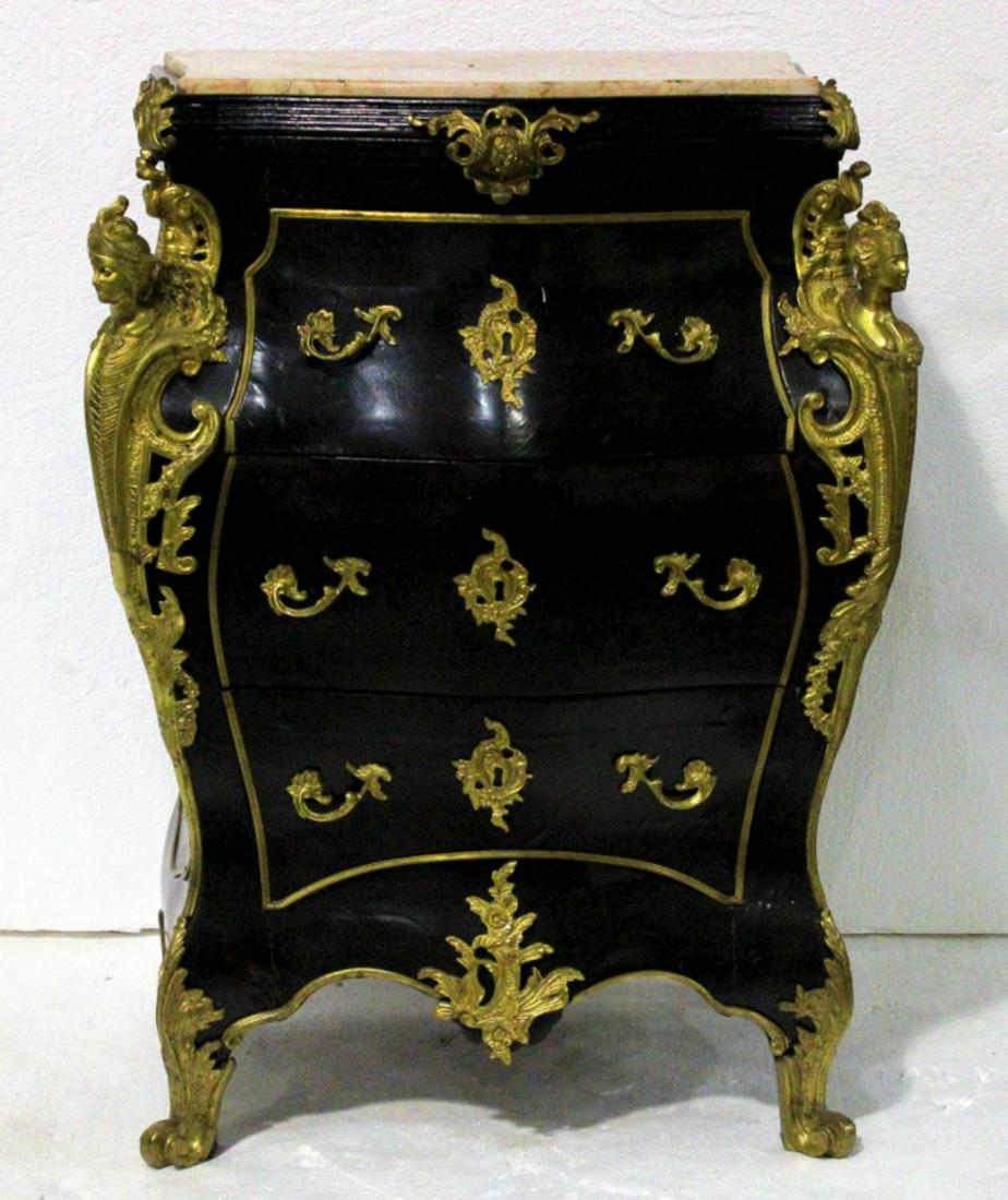 Louis Xv Style Bronze Mounted Three Door Marble Commode: Louis xv style bronze mounted bombay three door marble top commode of two measures 38" x 24" x 15"