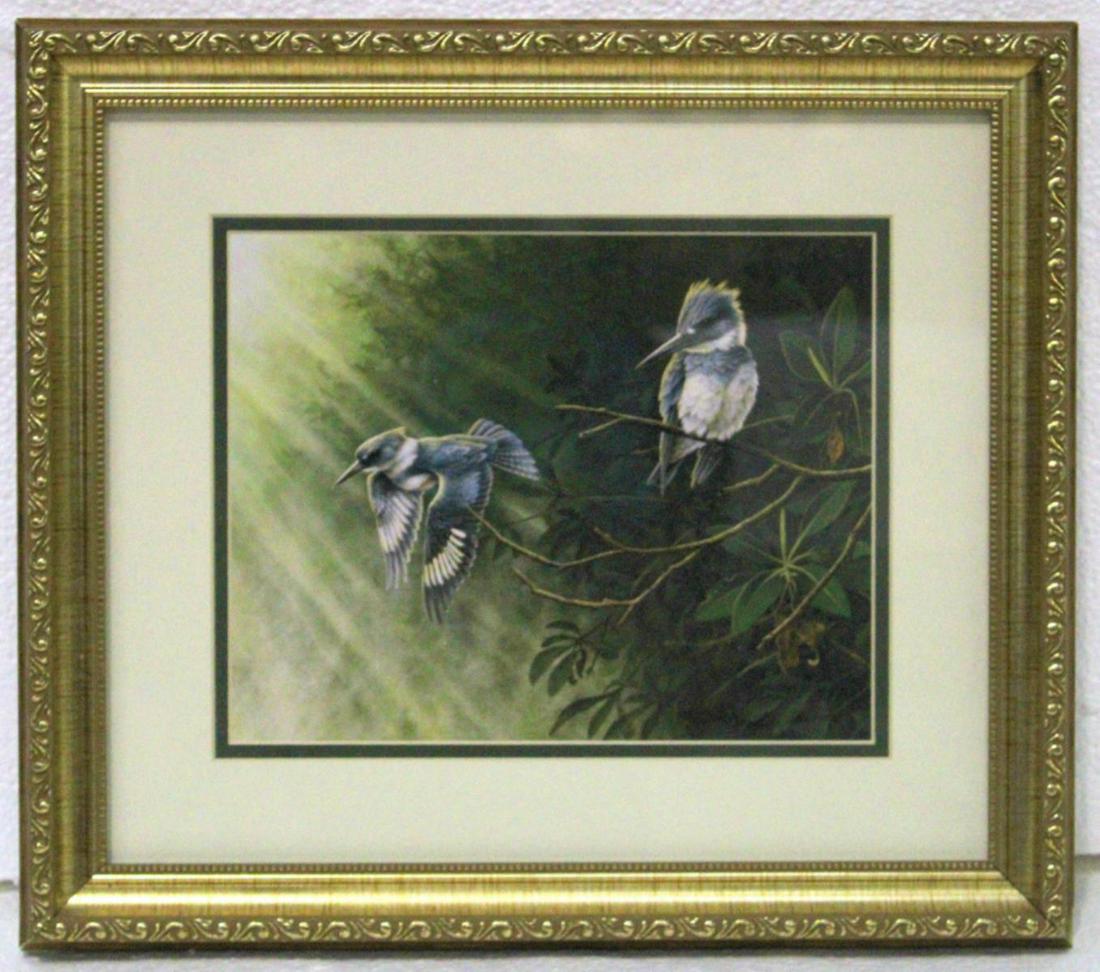 Signed Ernest C Simmons Print in Color: Ernest C Simmons print in color birds on branch of two sparrows signed lower right measures 7 5/8" x 10" frame and matte is 3"