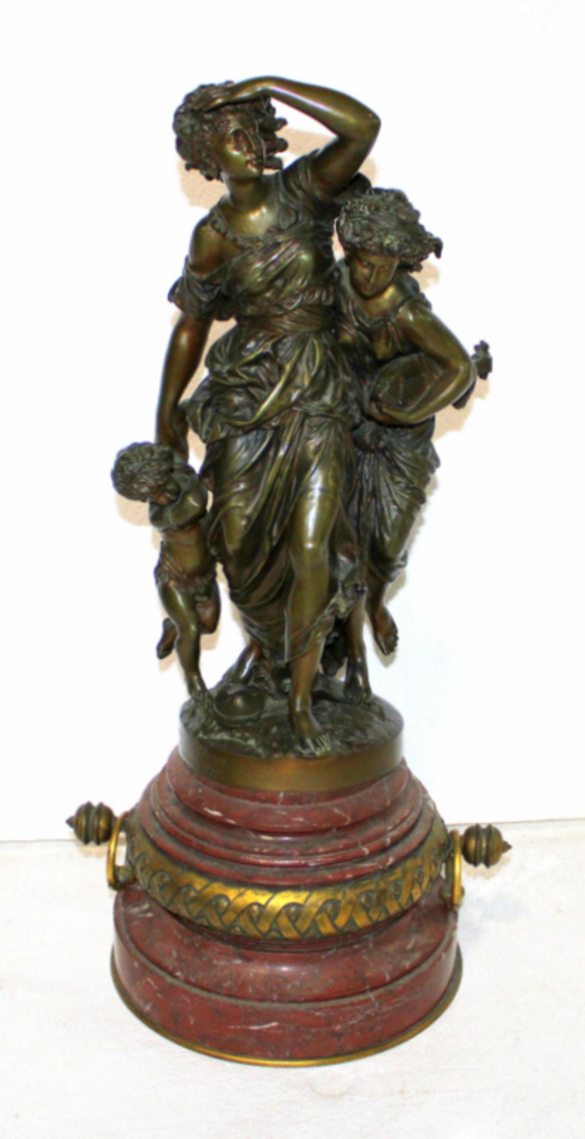 Mathurin Moreau Bronze Figural Group on Marble Base: Mathurin Moreau (French b. 1912-1982) bronze figural group on marble base measures 17 3/4" H, sculpture on base measures 21" High