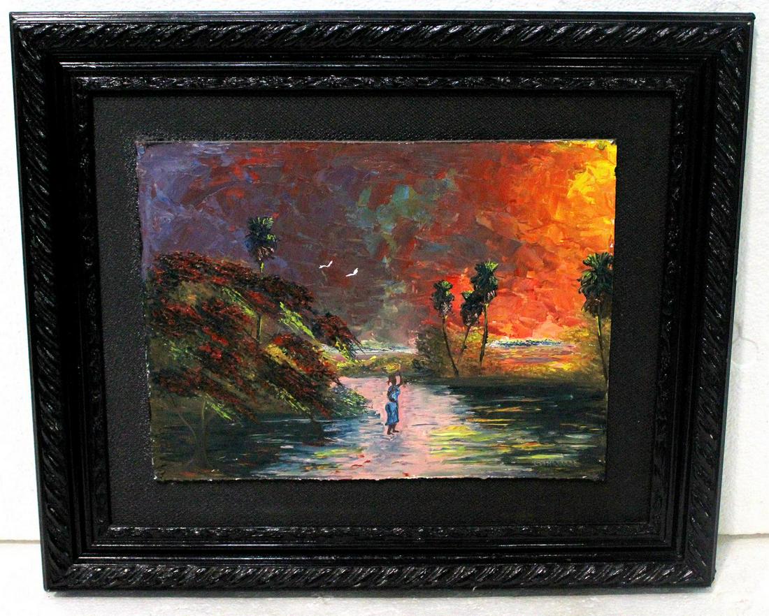 Signed Charles Chico Wheeler Florida Highwaymen Oil: Charles Chico Wheeler (Florida b. 1946) highwaymen oil painting on board sunset with palm trees signed lower right and dated on verso measures 12" x 16" frame is 4"