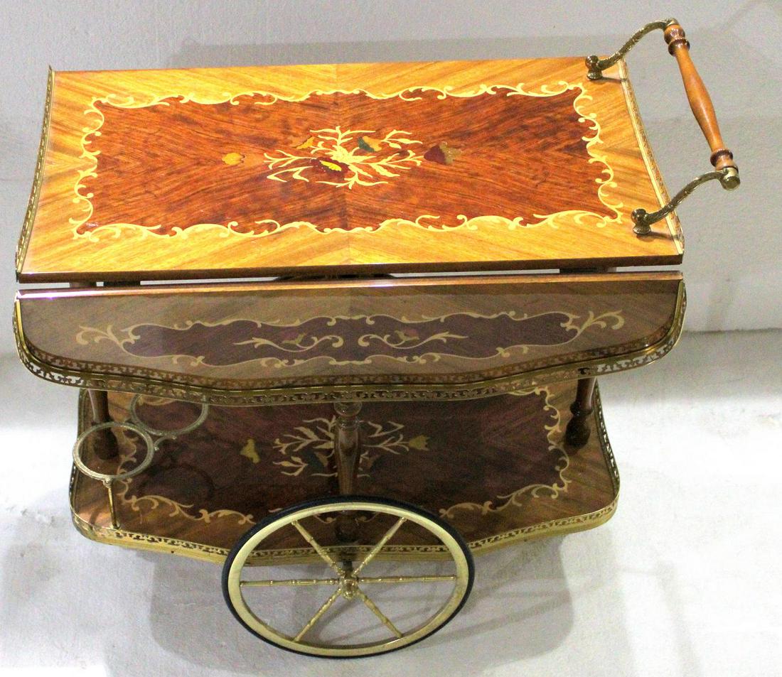 Italian Inlaid Marquetry Tea Cart: Italian inlaid marquetry tea cart measures 29" x 31" x 16"