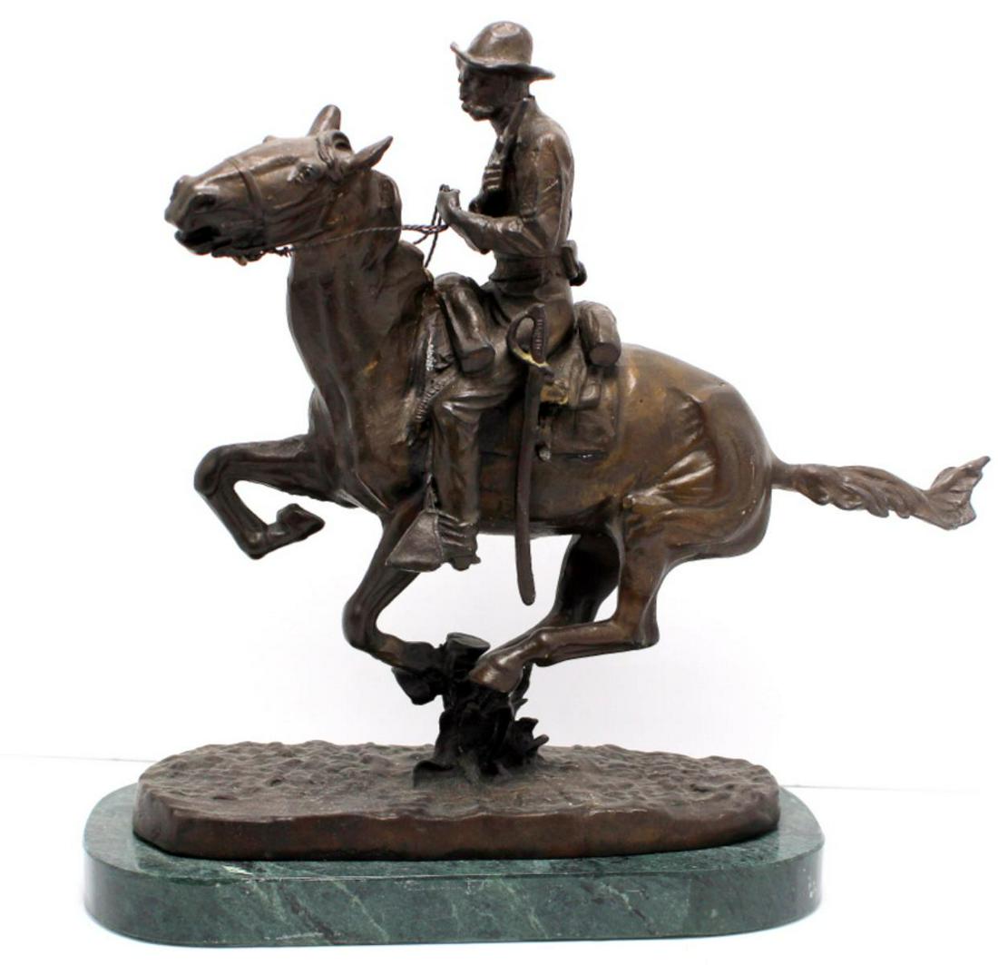 Small After Frederic Remington Bronze Sculpture: Small after Frederic Remington bronze sculpture of the plains on green marble base measures 10" x 10"