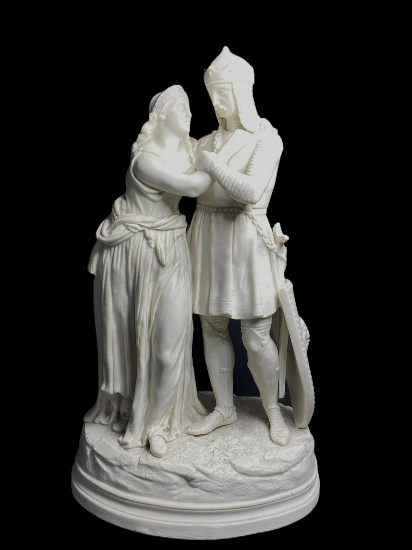 Parian Ware Figural Group Statues: Parian ware figural group medieval soldier and woman statues measures 18" x 10"