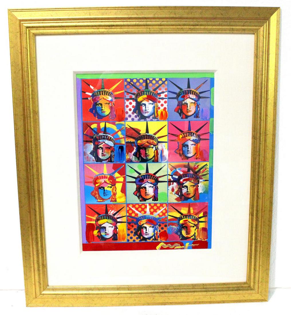 Peter Max American Liberty and Justice For All Mixed: Peter Max (American, 1937) liberty and justice for all mixed media with acrylic painting and color lithograph on paper signed on acrylic lower right with certificate of authenticity and appraisal meas